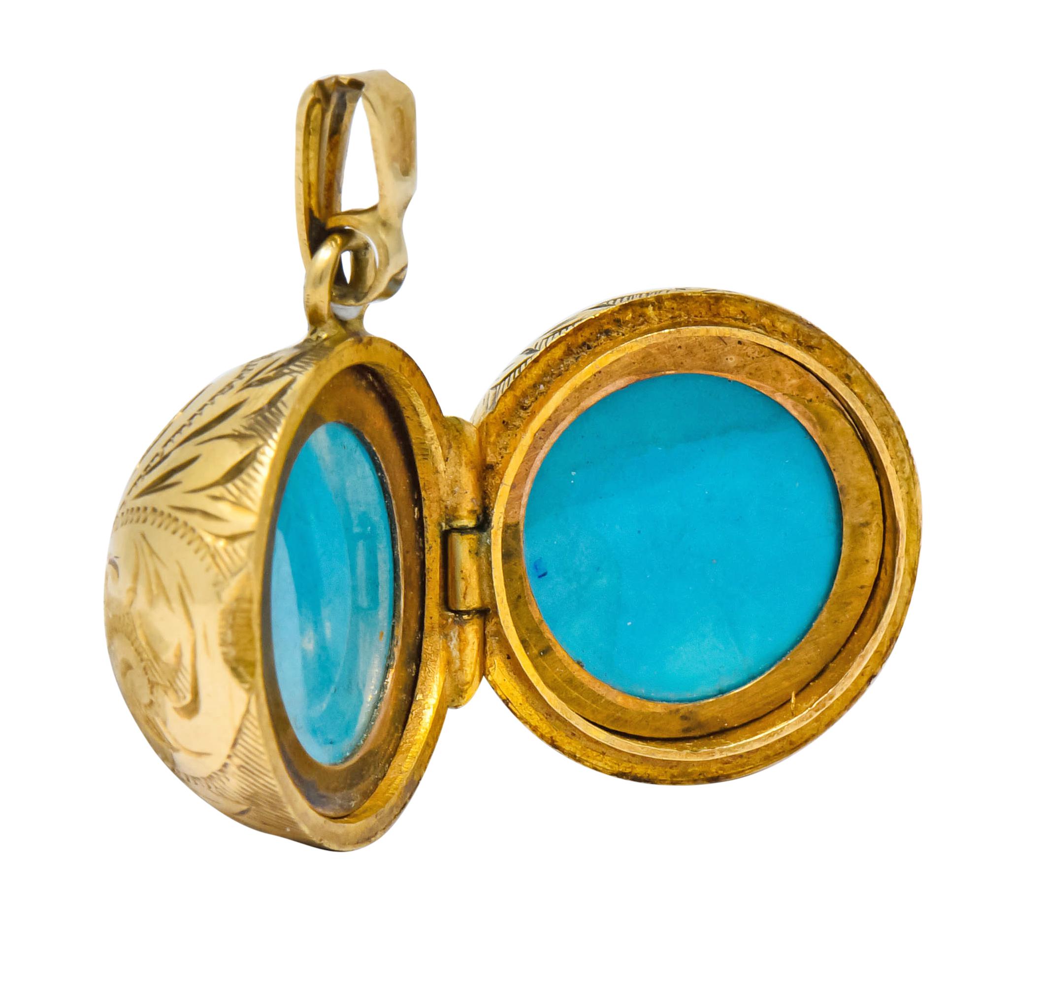 British Victorian 9 Karat Yellow Gold Engraved Ball Locket Pendant 1