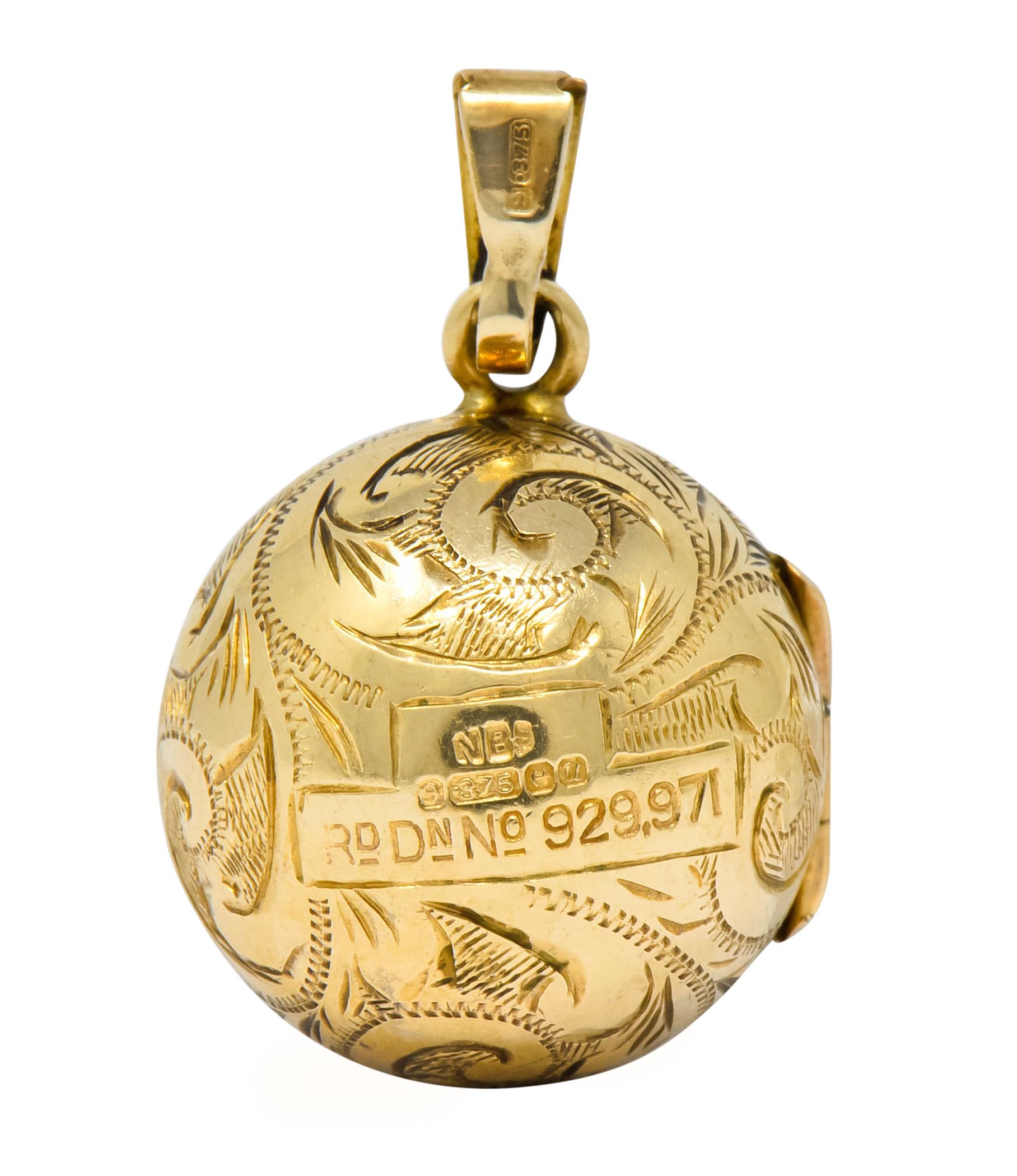 British Victorian 9 Karat Yellow Gold Engraved Ball Locket Pendant 2