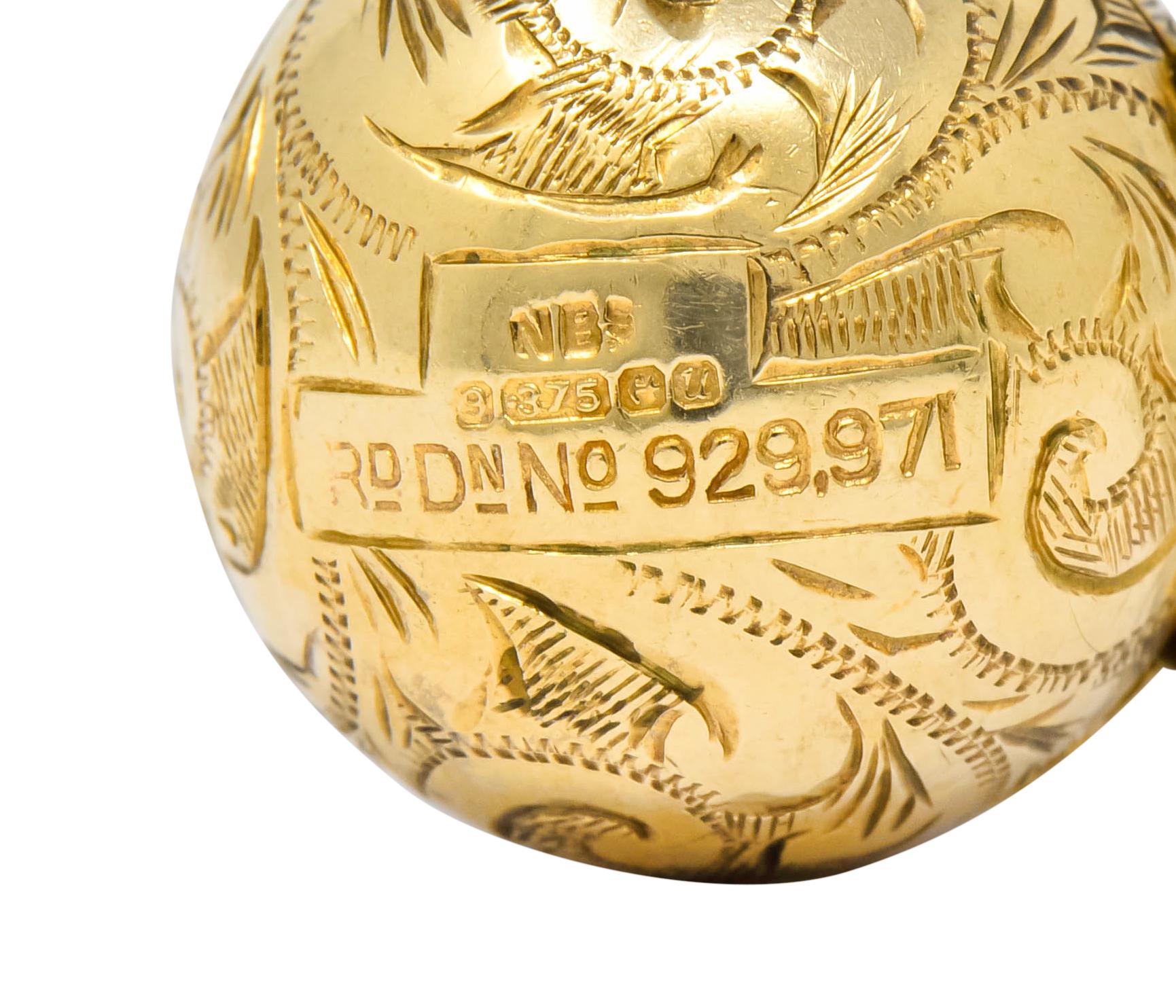 British Victorian 9 Karat Yellow Gold Engraved Ball Locket Pendant 3