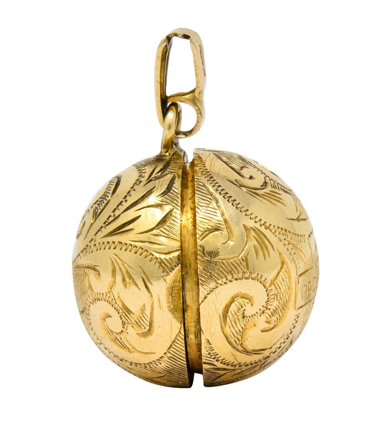 British Victorian 9 Karat Yellow Gold Engraved Ball Locket Pendant For
