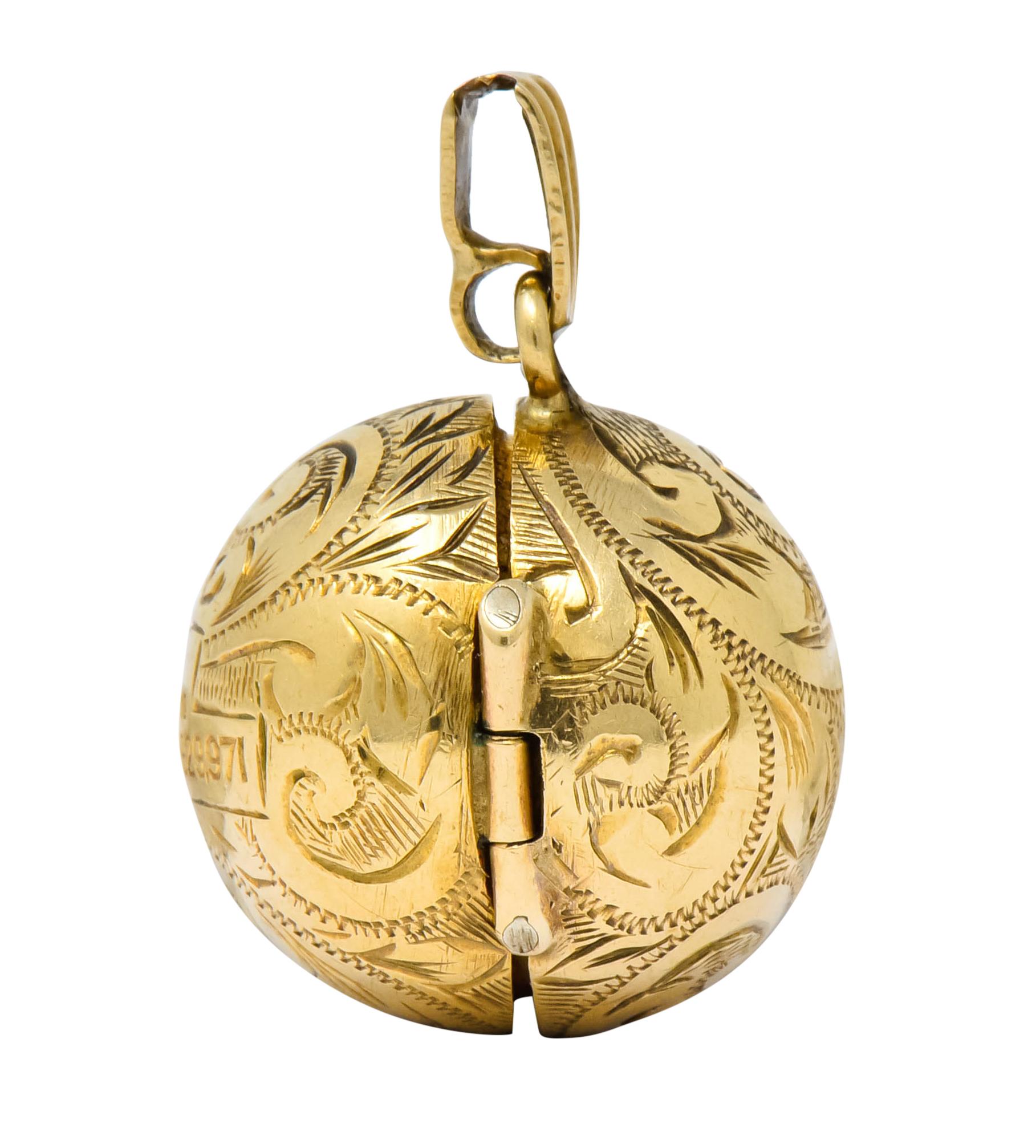 British Victorian 9 Karat Yellow Gold Engraved Ball Locket Pendant 5