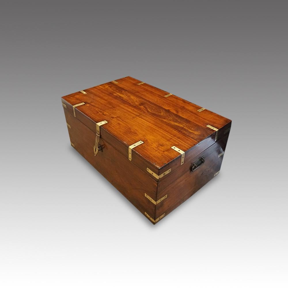 Victorian brass bound military chest 
Antique brass bound military chest made circa 1860
Here we have this Victorian trunk that would have been used by a British officer to transport his uniforms and valuables around the Empire.
This chest is