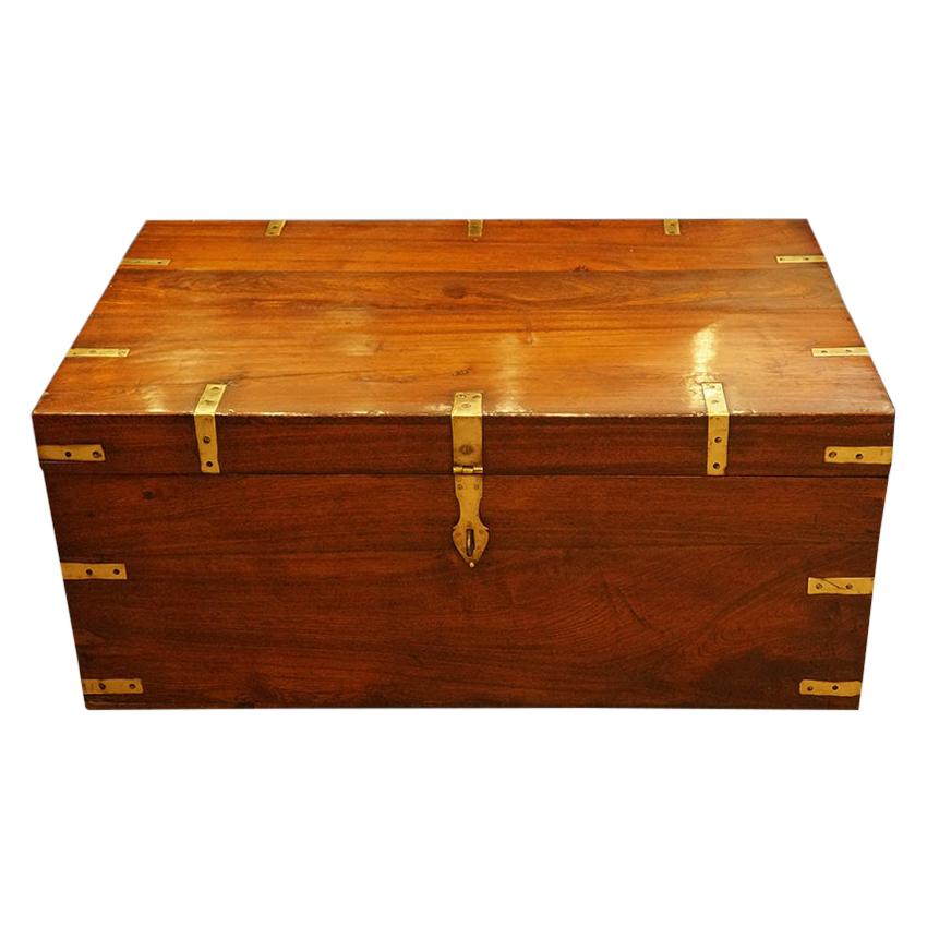 British Victorian Brass Bound Officers Military Chest Coffee Table, circa 1860