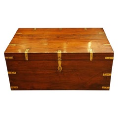 Antique British Victorian Brass Bound Officers Military Chest Coffee Table, circa 1860