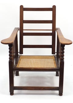 Victorian Cane & Bobbin Reclining Steamer Armchair Style of Gustav Stickley