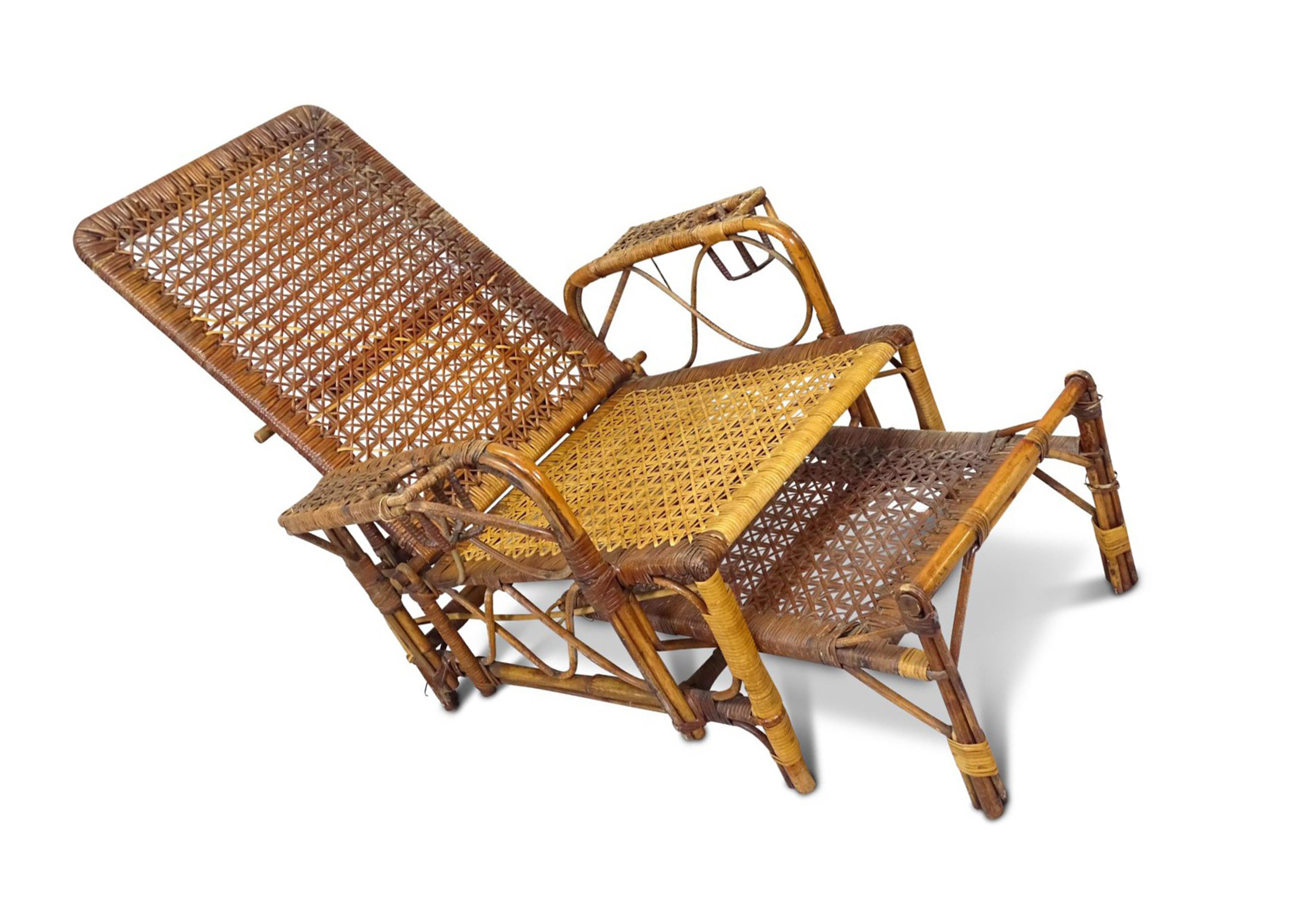 Hand-Woven British Victorian Colonial Formed Bamboo & Cane Reclining Steamer Armchair For Sale