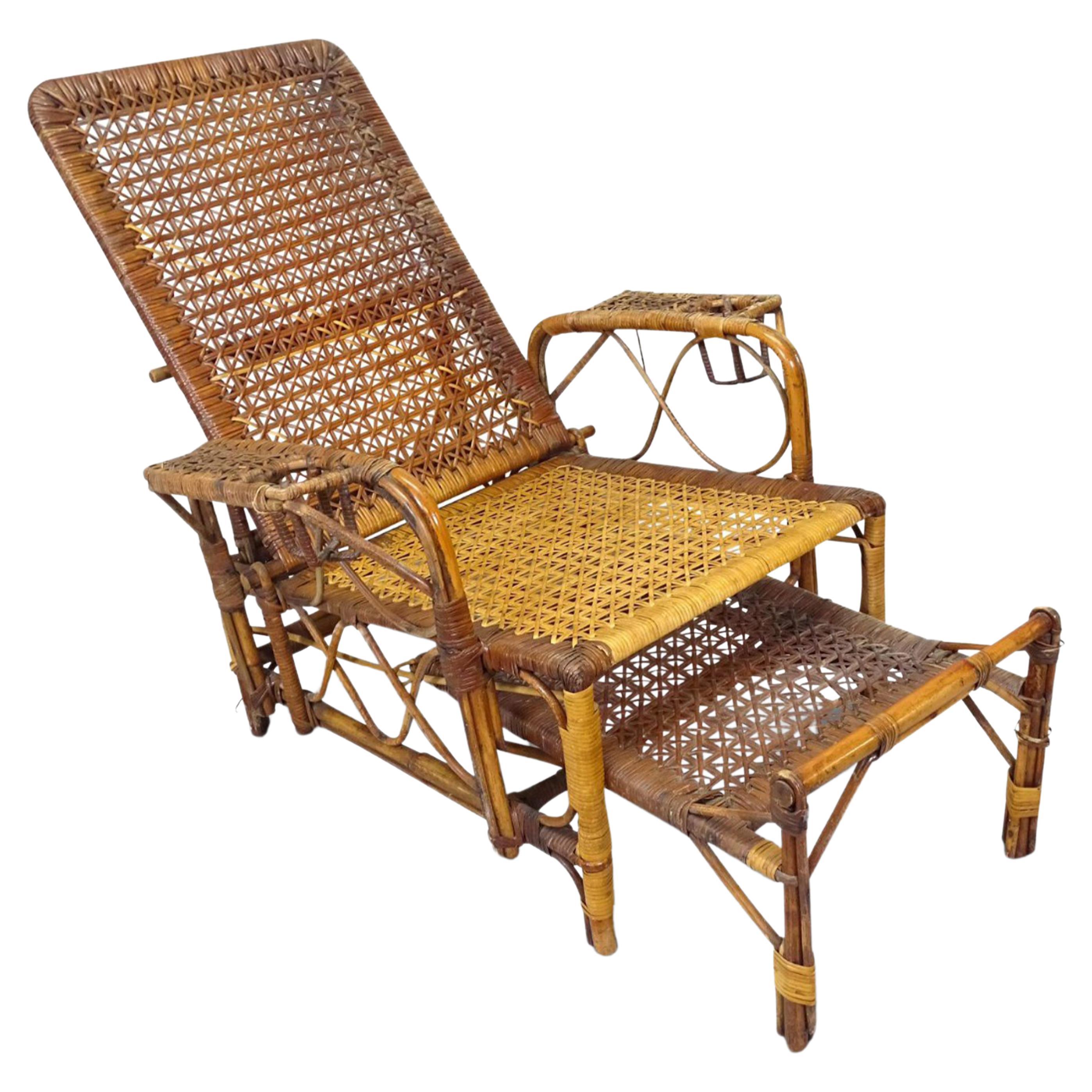 British Victorian Colonial Formed Bamboo & Cane Reclining Steamer Armchair For Sale