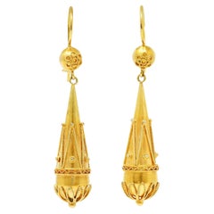 British Victorian Etruscan Revival 15 Karat Yellow Gold Drop Earrings