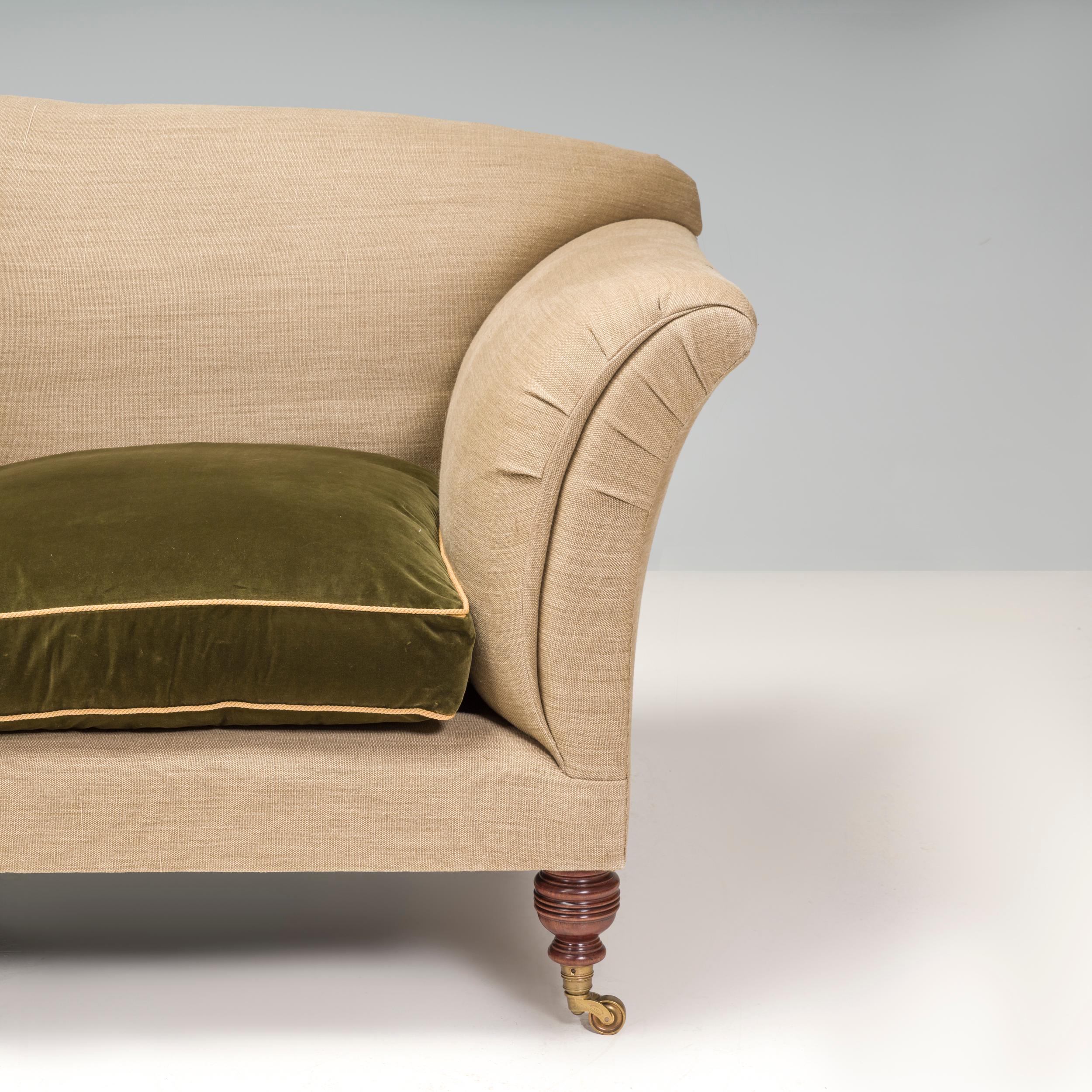 British Victorian Max Rollitt Dean Green Velvet and Beige Fabric Sofa 1