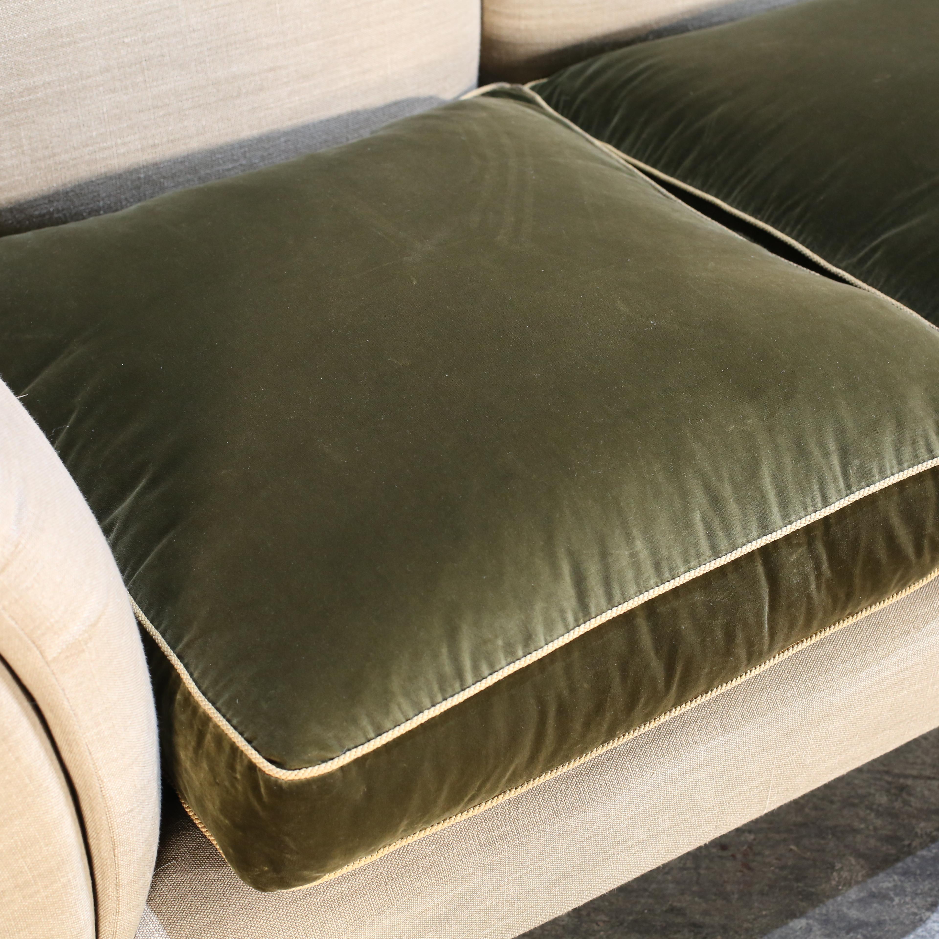 British Victorian Max Rollitt Dean Green Velvet and Beige Fabric Sofa 1