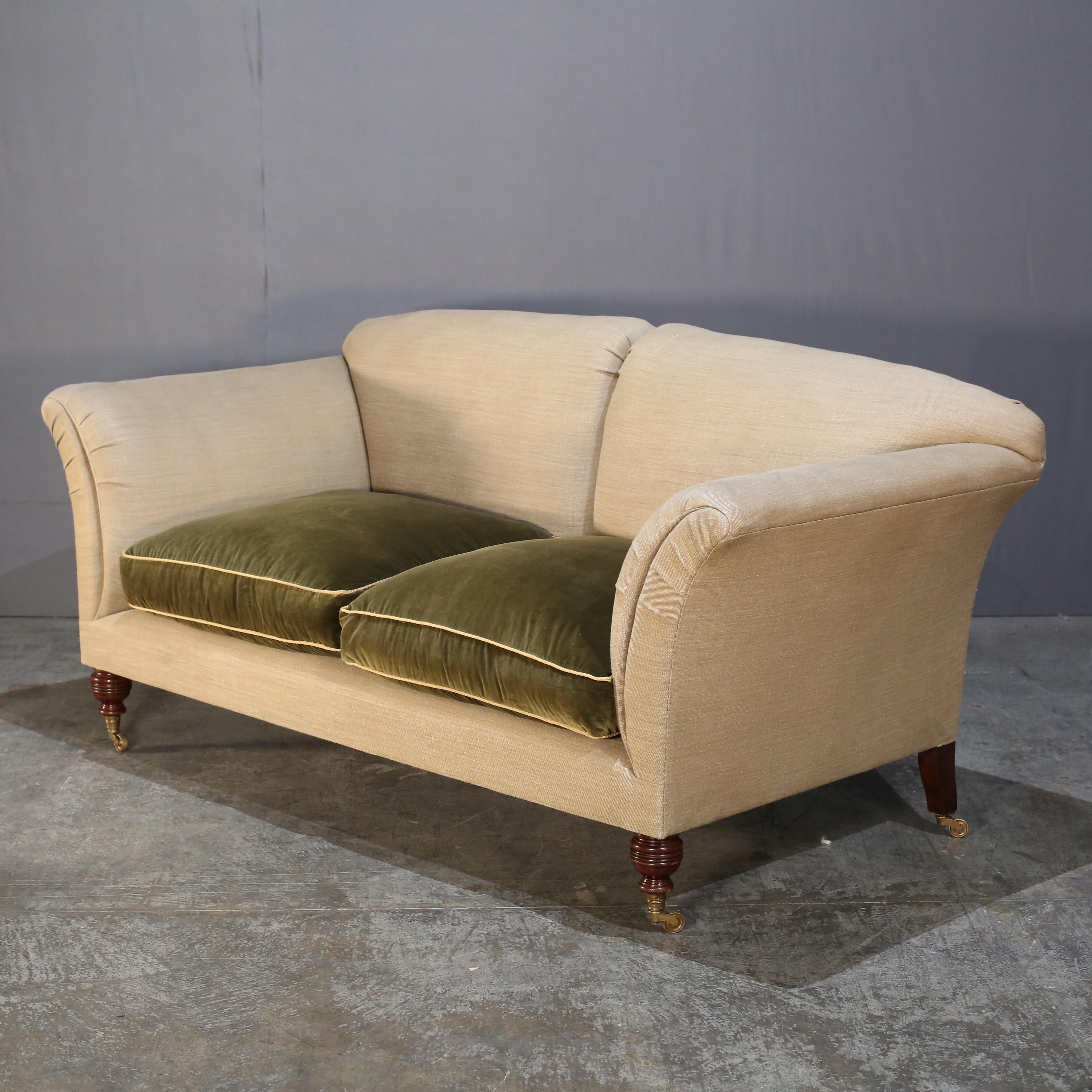 British Victorian Max Rollitt Dean Green Velvet and Beige Fabric Sofa 4