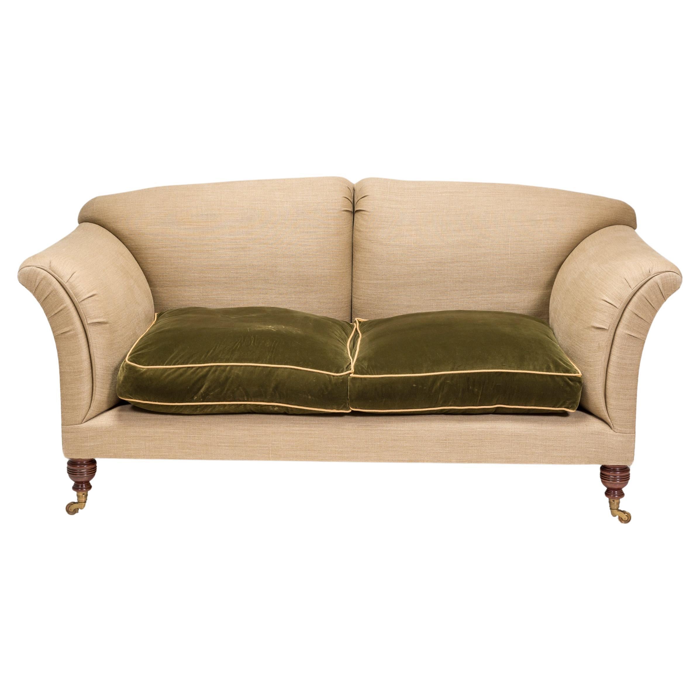  British Victorian Max Rollitt Dean Green Velvet and Beige Fabric Sofa
