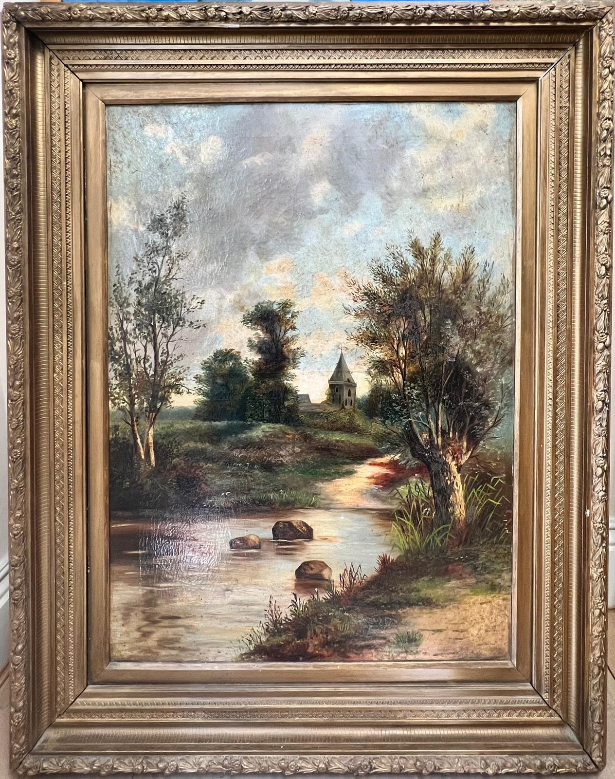 19th Century Rural Landscape Stream in Fields with Distant Church Gilt Frame - Painting by British Victorian