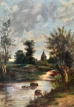 19th Century Rural Landscape Stream in Fields with Distant Church Gilt Frame