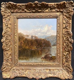 Antique 19th Century British Oil Painting Castle overlooking Ancient Lake Landsc