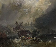 Antique British Marine Oil Painting Sailors in a Shipwreck Storm off the Coast