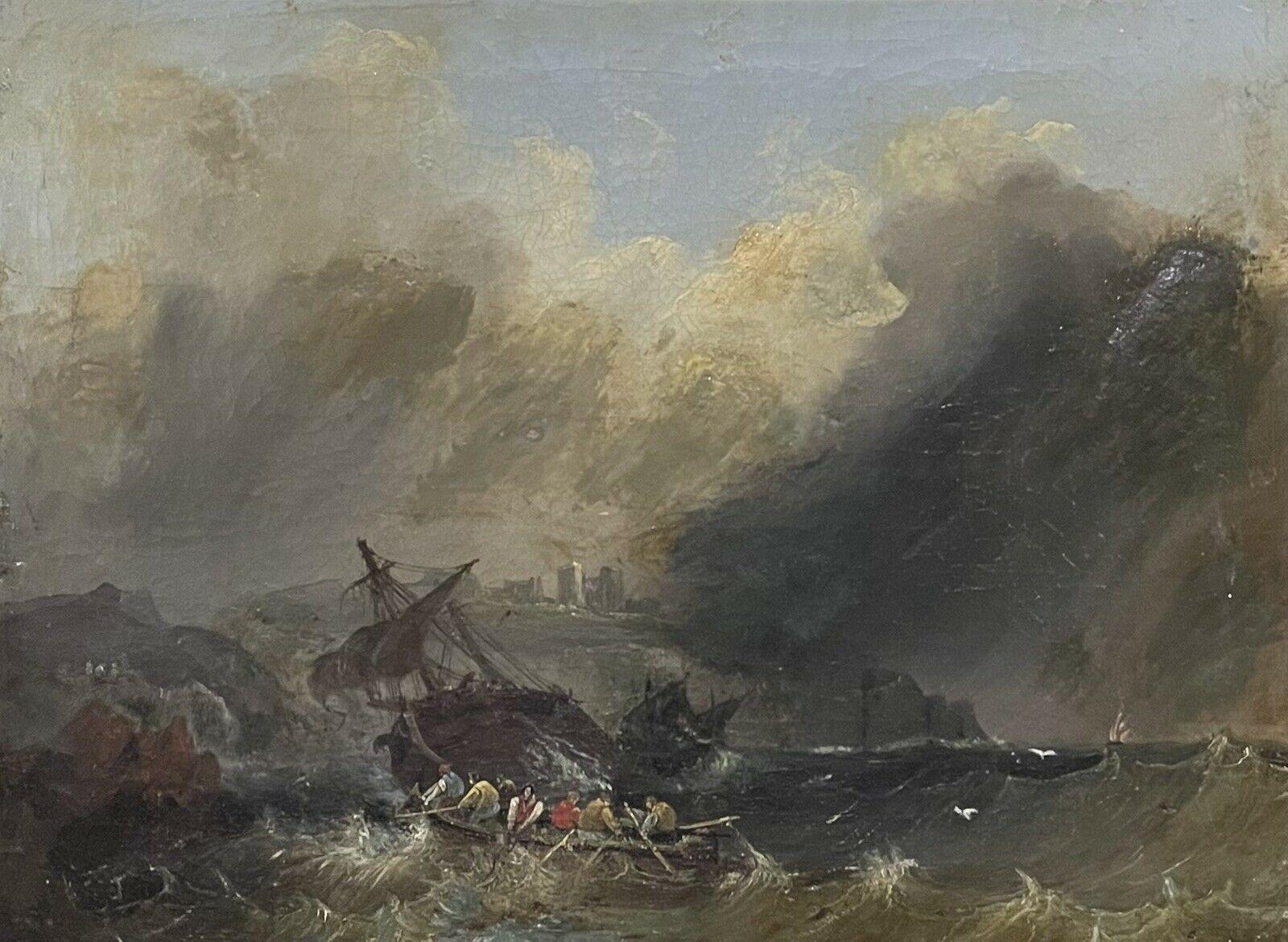 British Victorian Landscape Painting - Antique British Marine Oil Painting Sailors in a Shipwreck Storm off the Coast