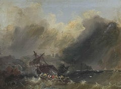 Antique British Marine Oil Painting Sailors in a Shipwreck Storm off the Coast