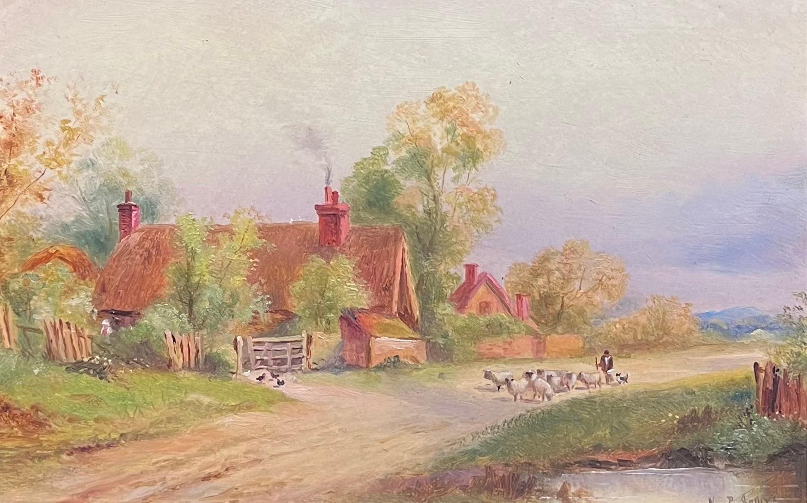 Antique English Signed Oil Painting Shepherd Leading Sheep Village Country Lane - Brown Landscape Painting by British Victorian