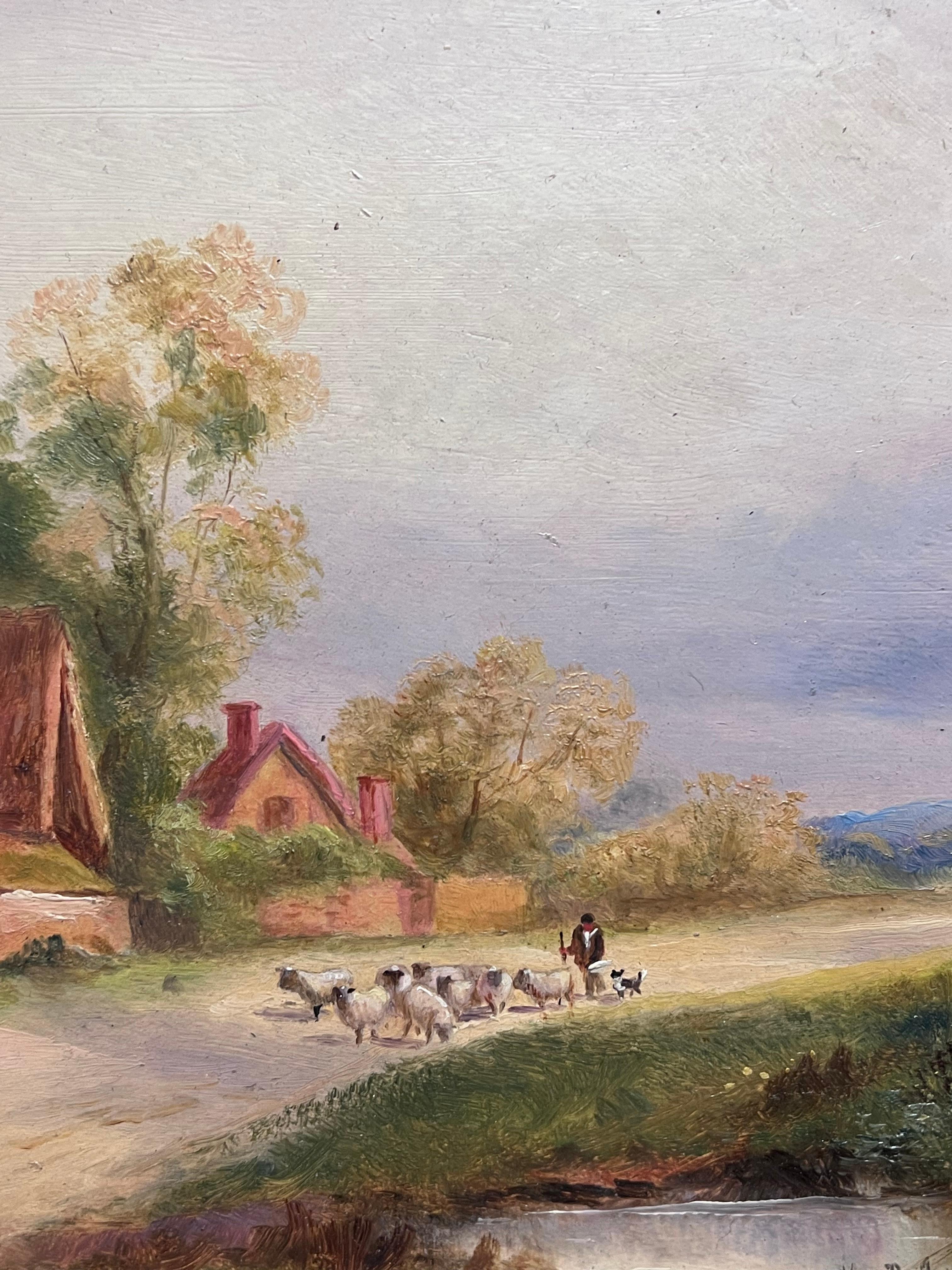 Antique English Signed Oil Painting Shepherd Leading Sheep Village Country Lane For Sale 1