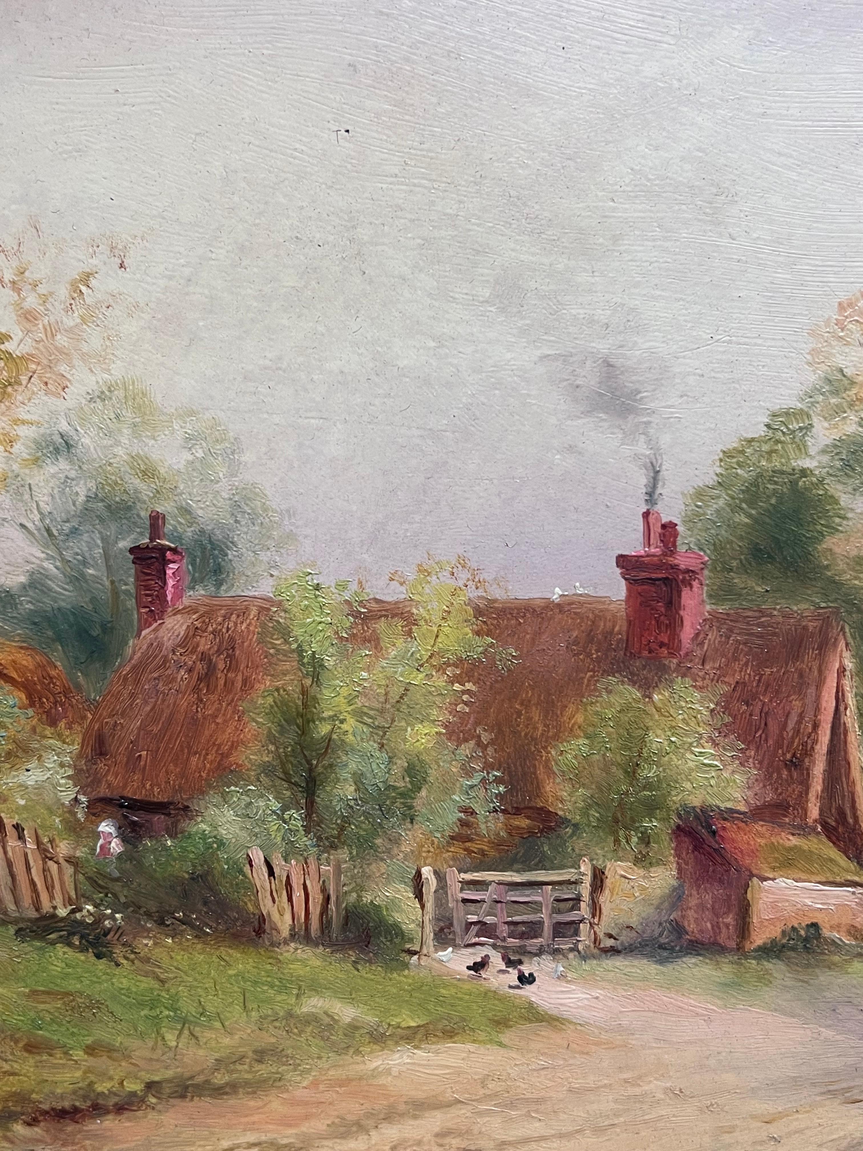Antique English Signed Oil Painting Shepherd Leading Sheep Village Country Lane For Sale 2