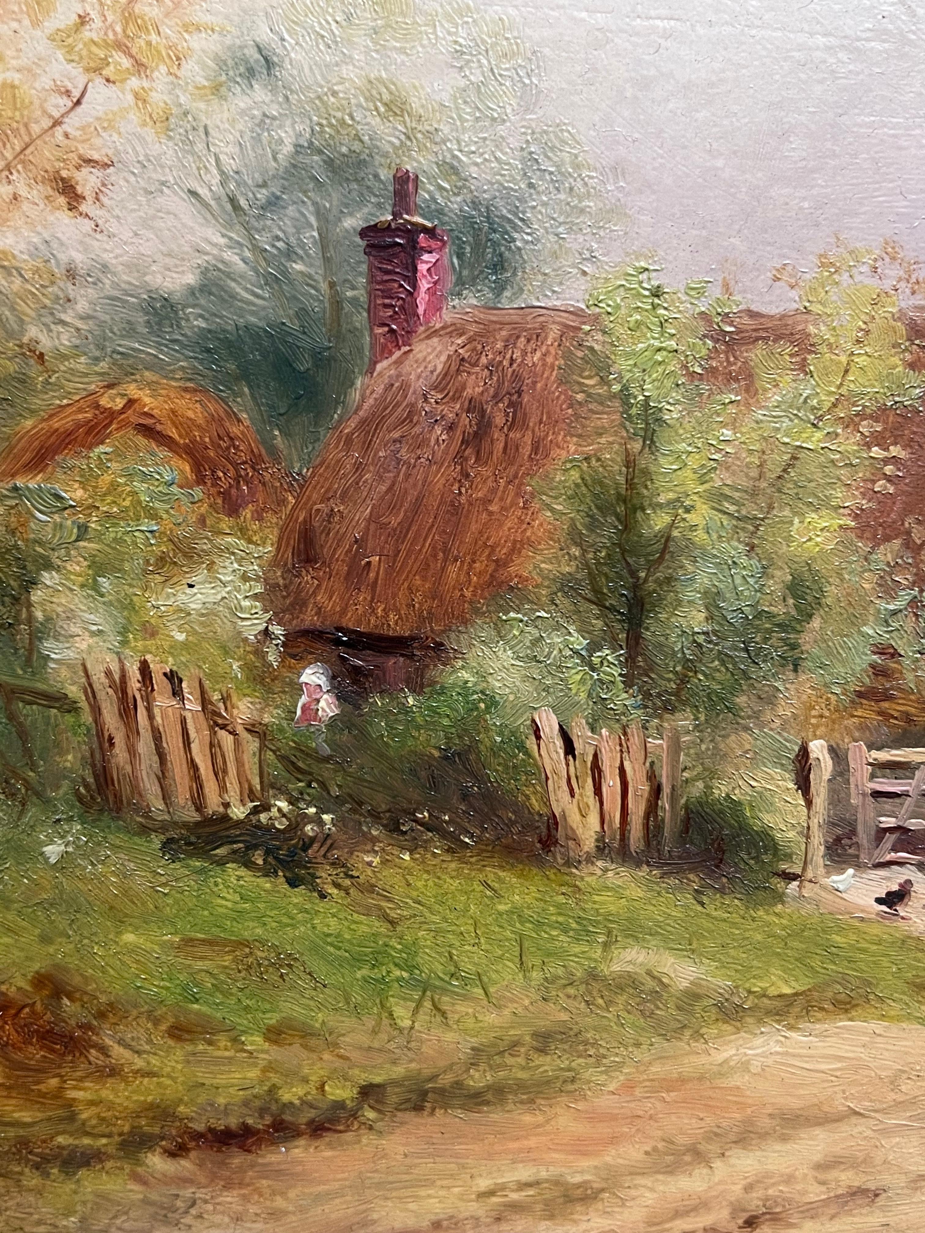 Antique English Signed Oil Painting Shepherd Leading Sheep Village Country Lane For Sale 3