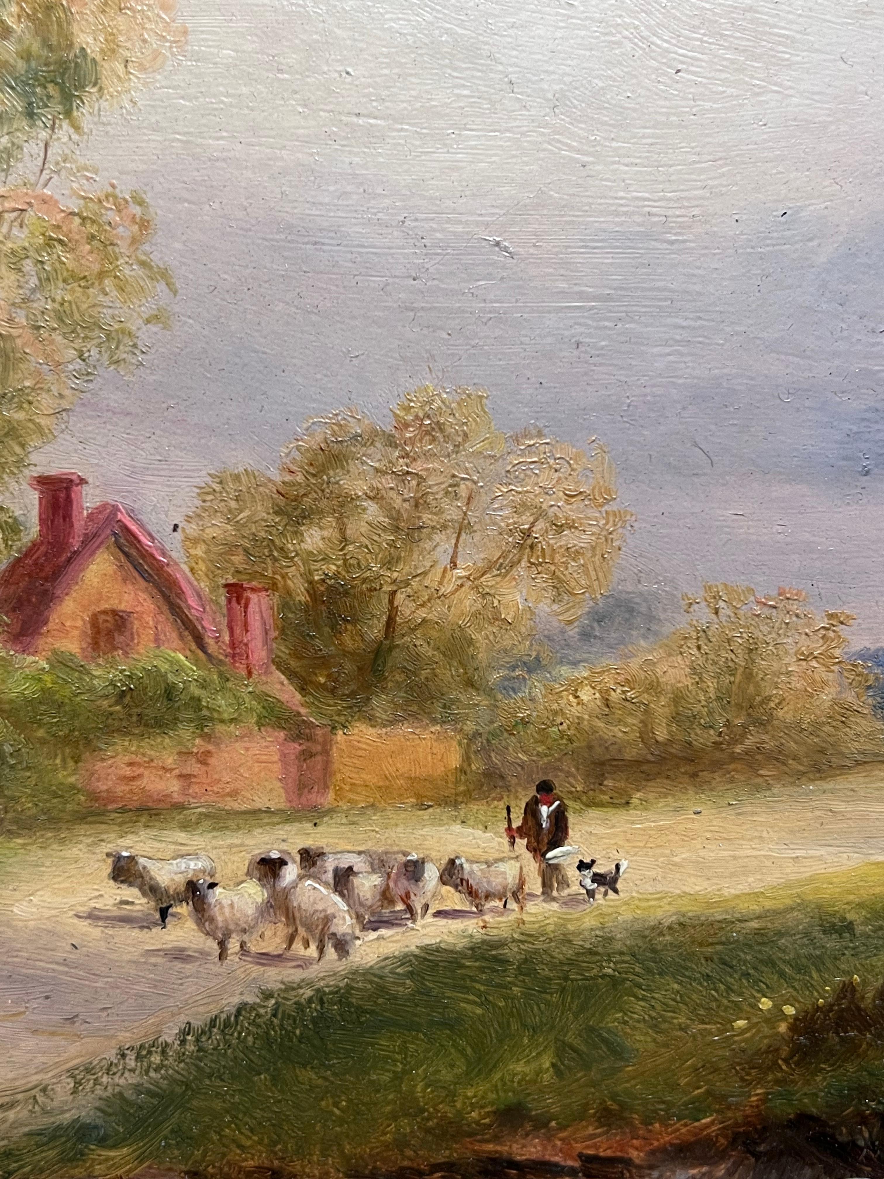 Antique English Signed Oil Painting Shepherd Leading Sheep Village Country Lane For Sale 4