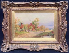 Antique English Signed Oil Painting Shepherd Leading Sheep Village Country Lane