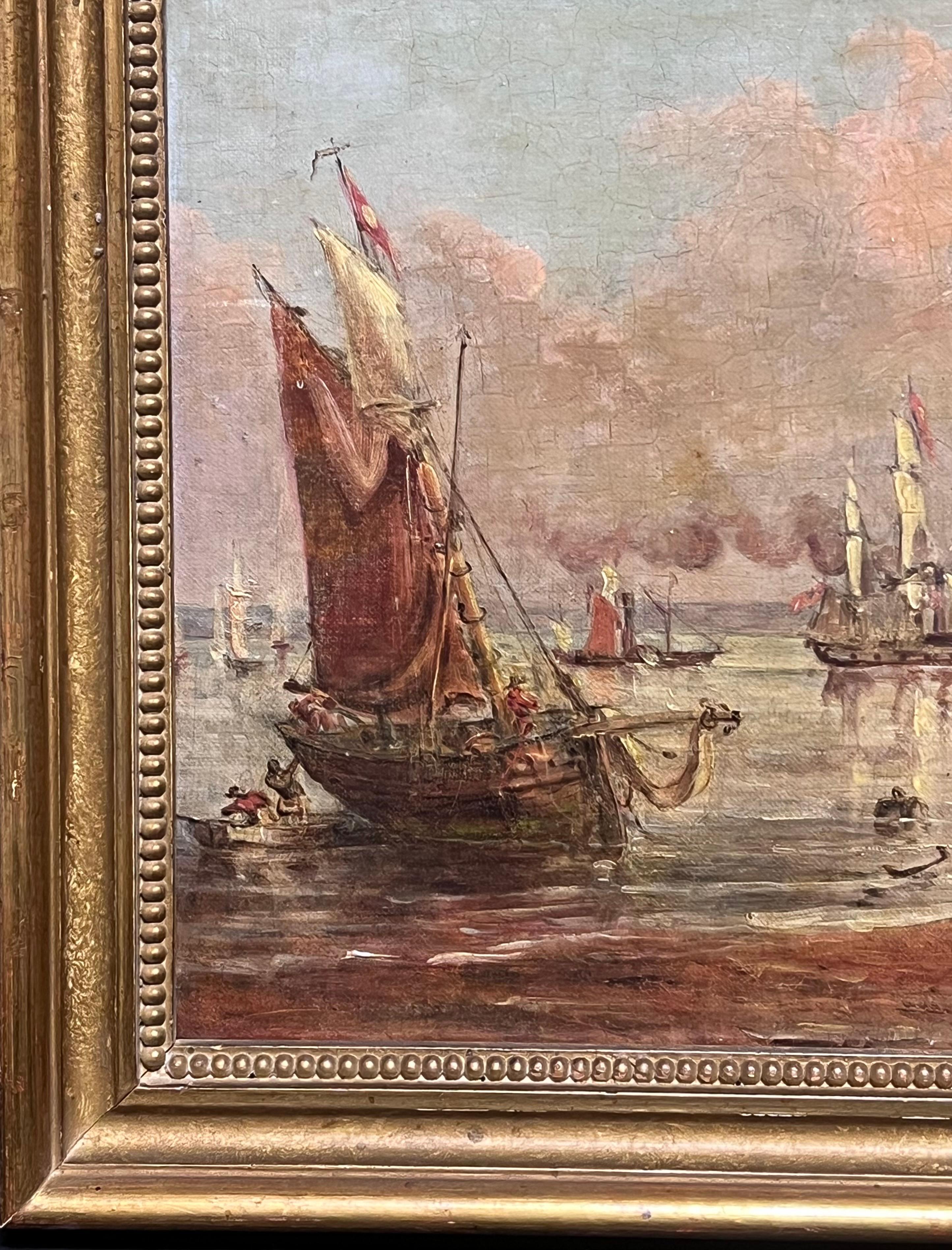 Pittura ad olio firmata inglese vittoriana con porto di pesca e tramonto marittimo in vendita 5