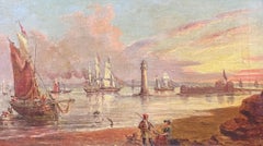 English Victorian Fishing Harbour Sunset Maritime Scene Signed Oil Painting