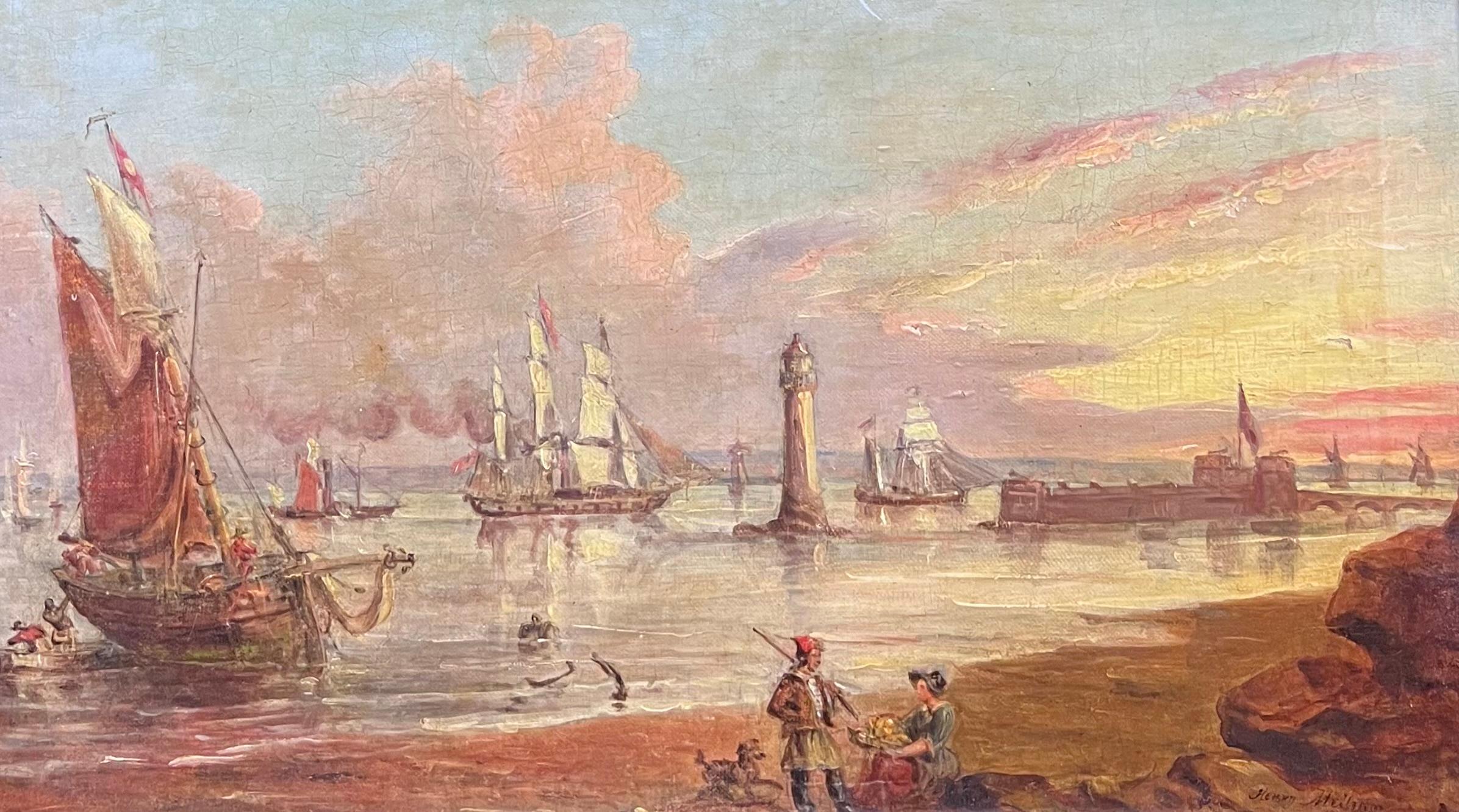 Pittura ad olio firmata inglese vittoriana con porto di pesca e tramonto marittimo - Painting Vittoriano di British Victorian