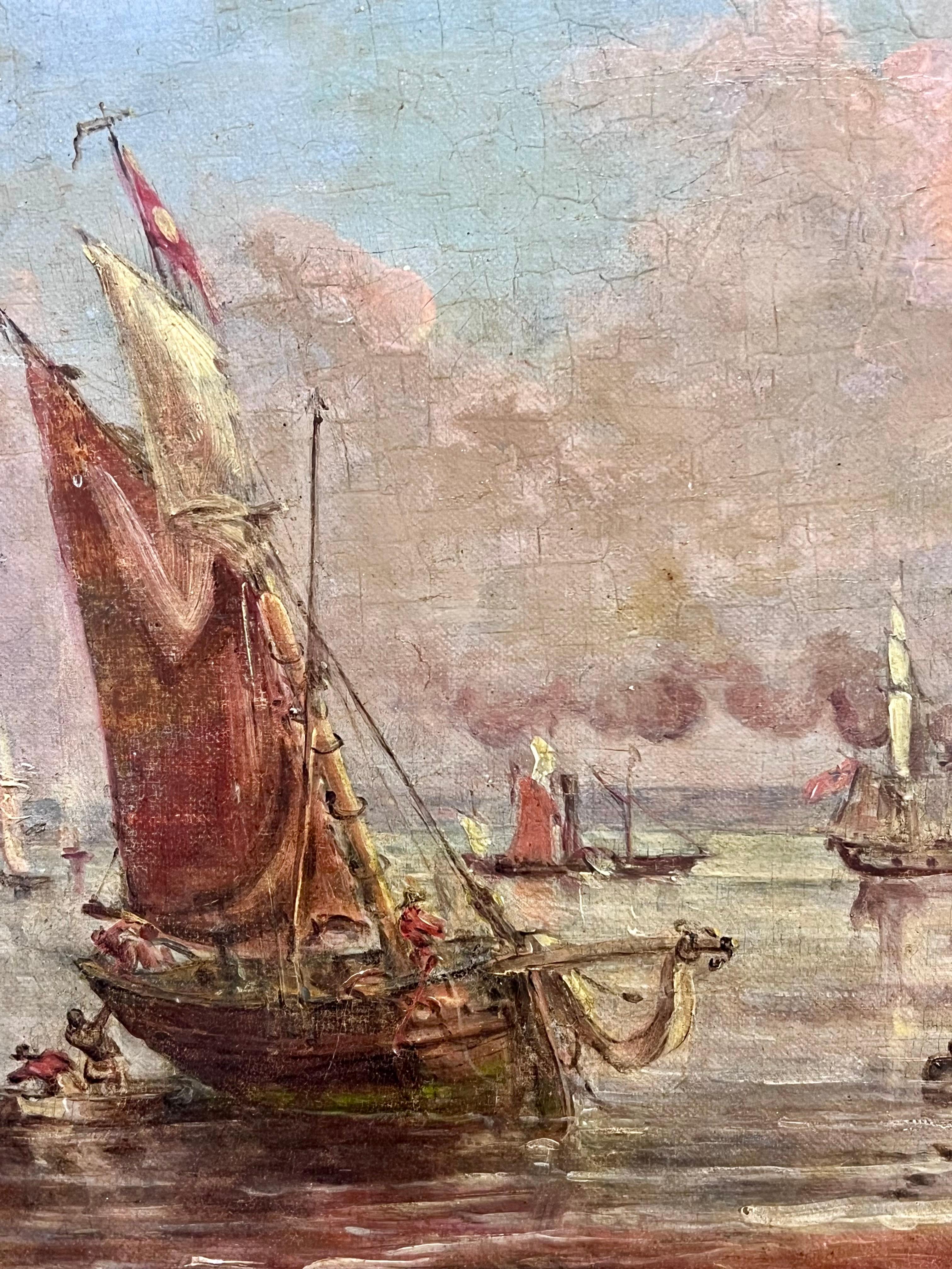 Pittura ad olio firmata inglese vittoriana con porto di pesca e tramonto marittimo - Landscape Painting Marrone di British Victorian