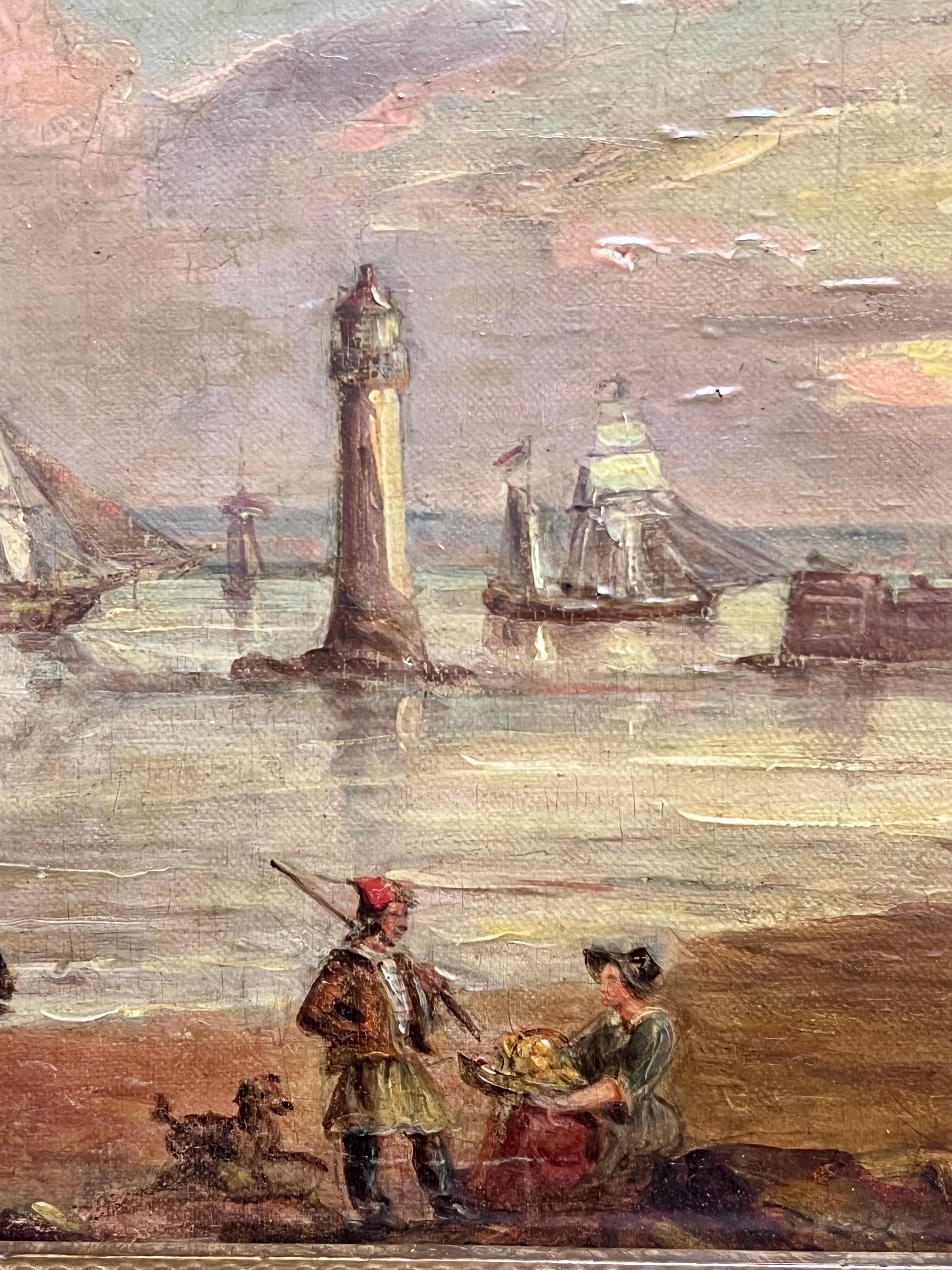 Pittura ad olio firmata inglese vittoriana con porto di pesca e tramonto marittimo in vendita 1