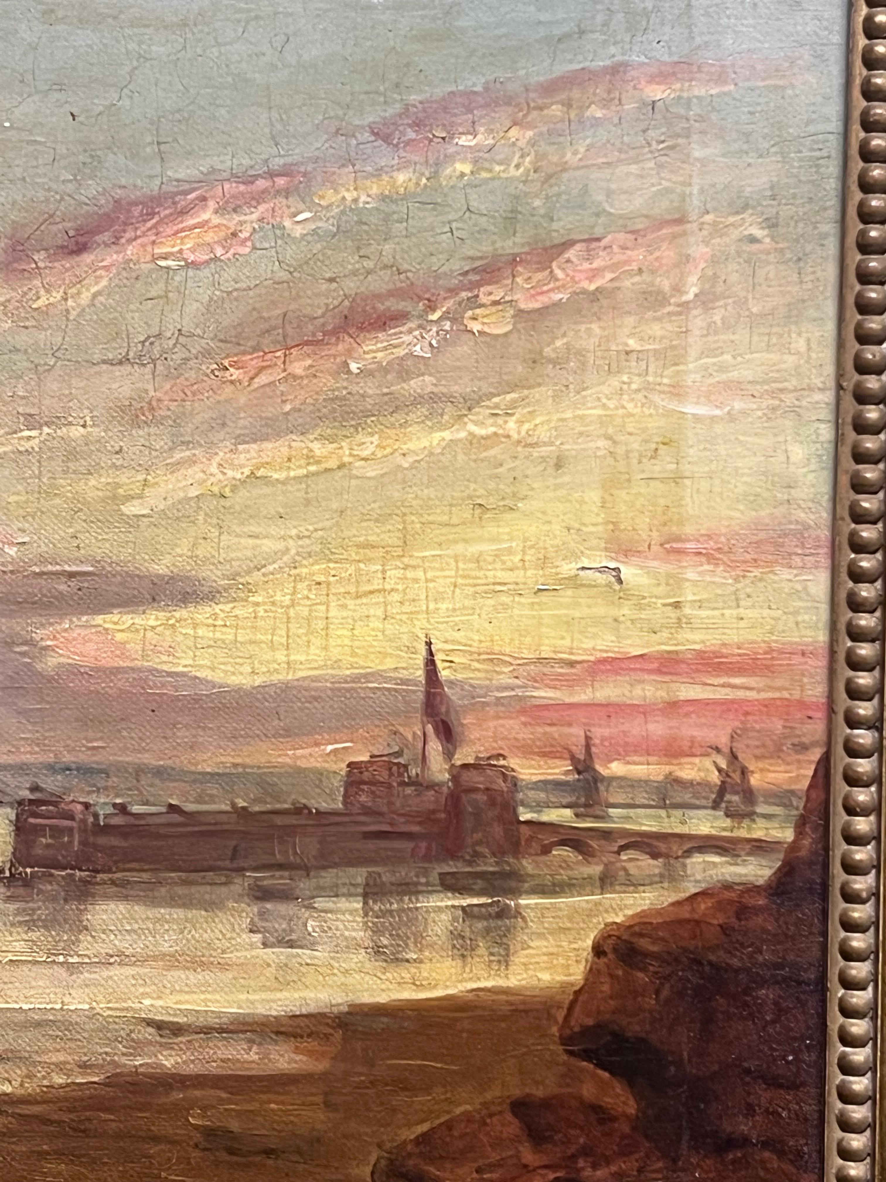 Pittura ad olio firmata inglese vittoriana con porto di pesca e tramonto marittimo in vendita 2