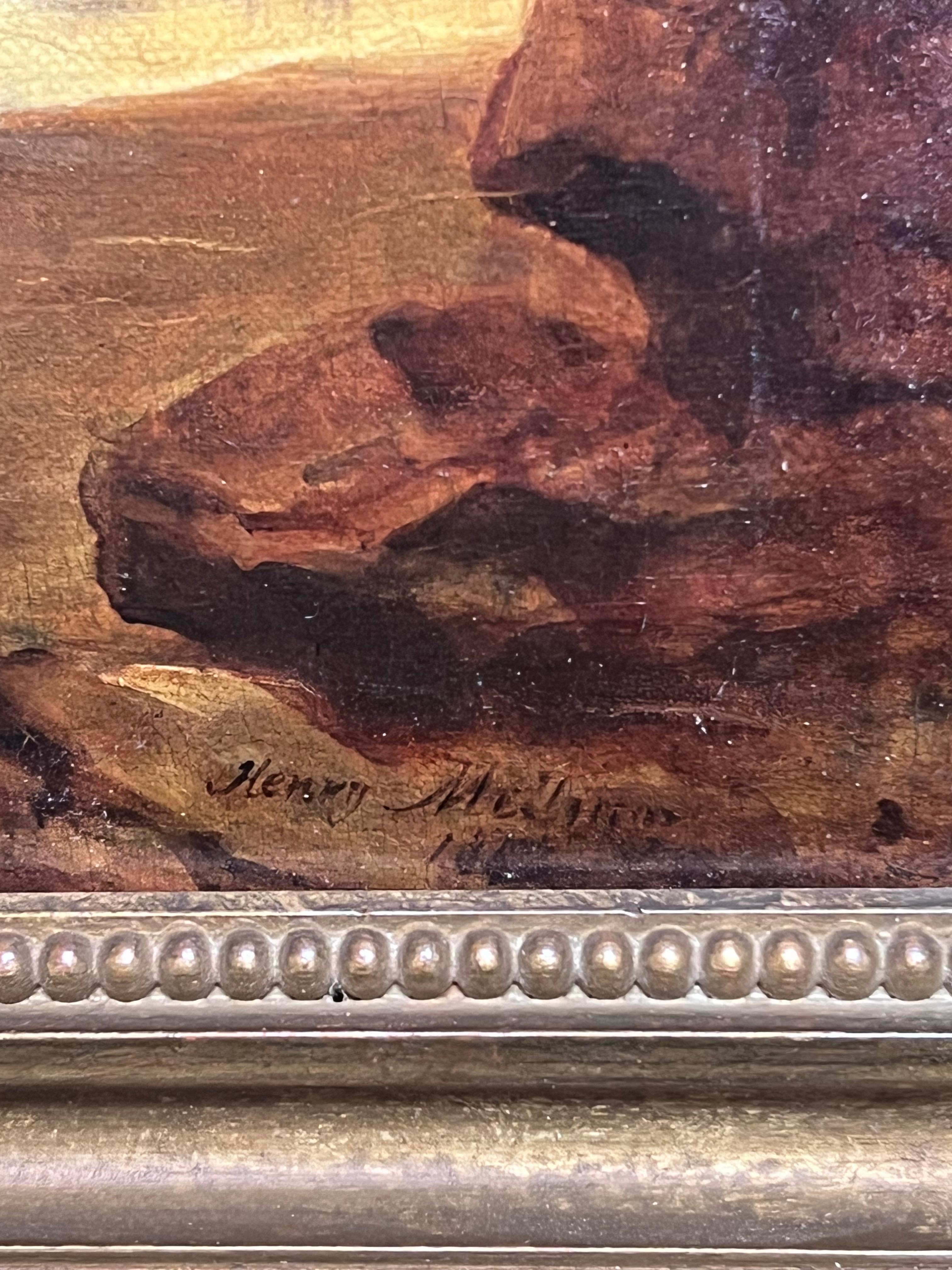 Pittura ad olio firmata inglese vittoriana con porto di pesca e tramonto marittimo in vendita 3