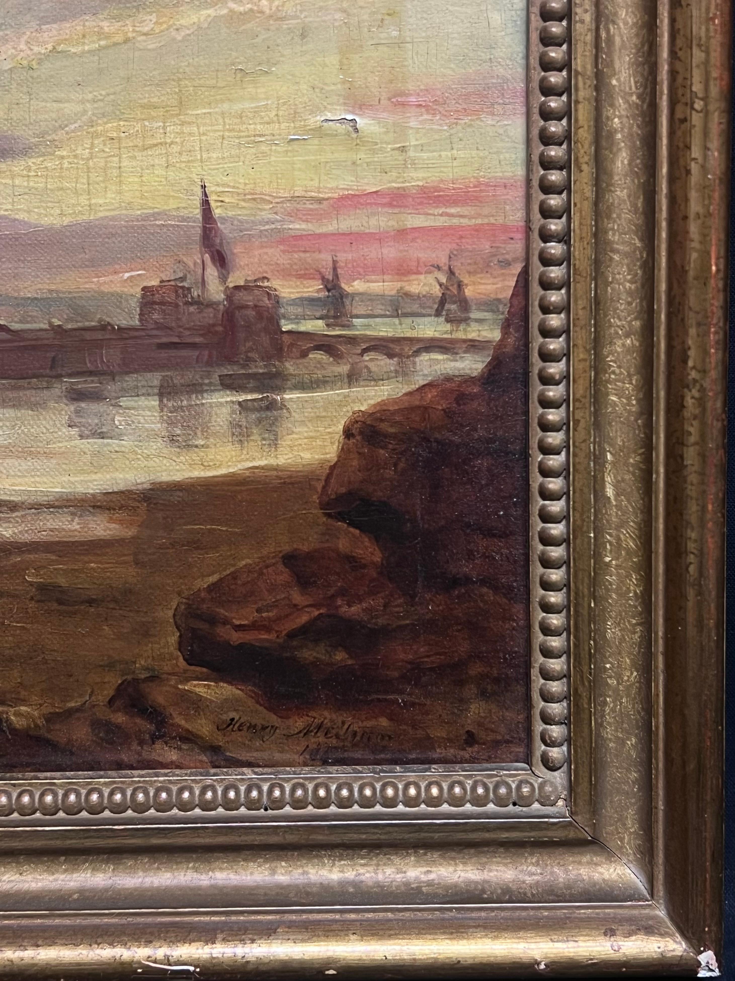 Pittura ad olio firmata inglese vittoriana con porto di pesca e tramonto marittimo in vendita 4