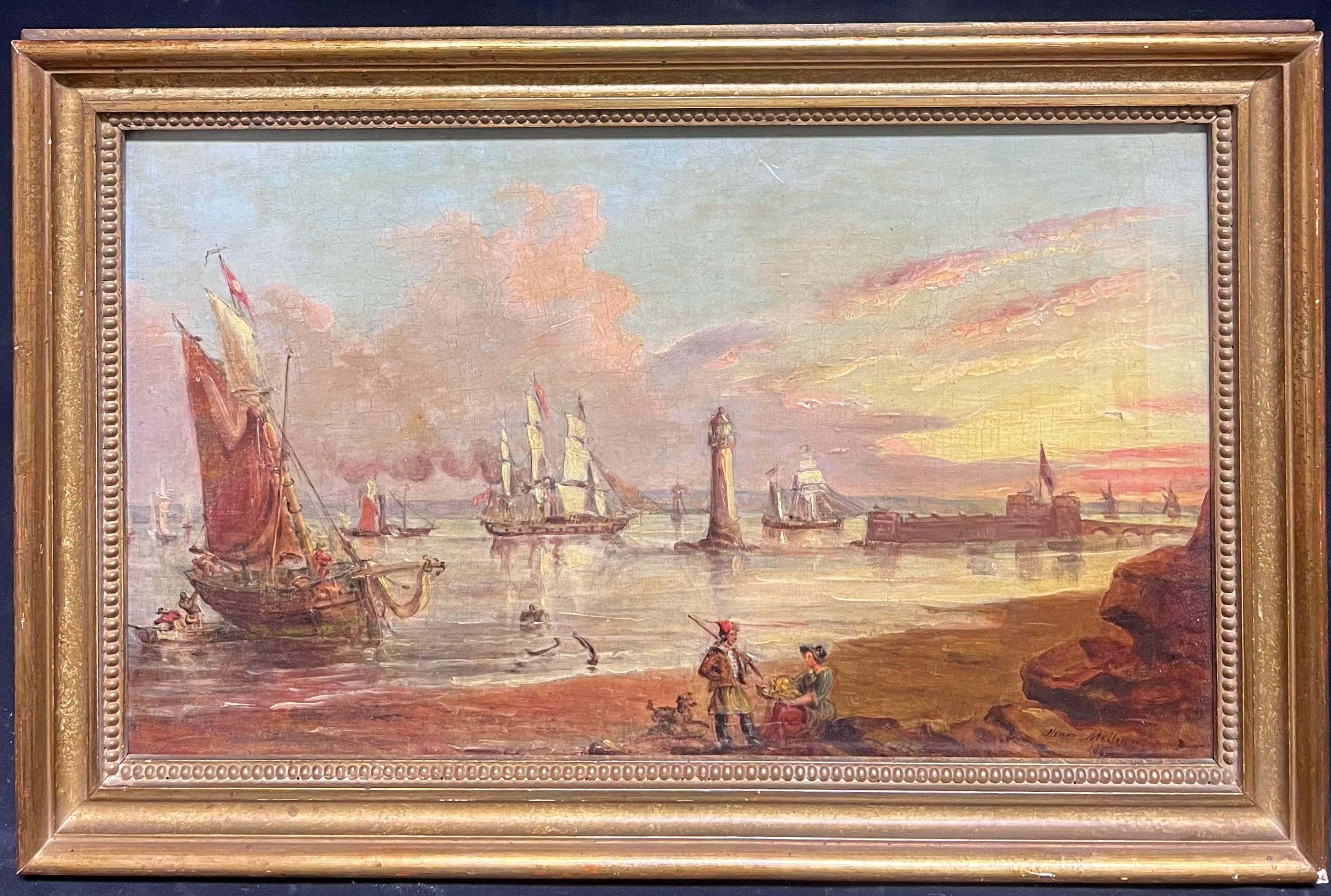 Englische viktorianische Fischerei Hafen-Sonnenuntergang Meeresszene, signiertes Ölgemälde