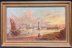 English Victorian Fishing Harbour Sunset Maritime Scene Signed Oil Painting