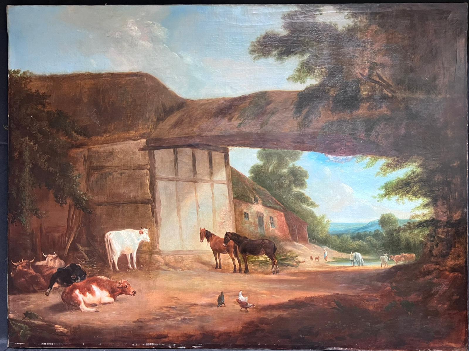 Großes britisches Ölgemälde auf Leinwand, Bauernhofsszene mit Tieren, Landschaft, 1830er Jahre (Viktorianisch), Painting, von British Victorian