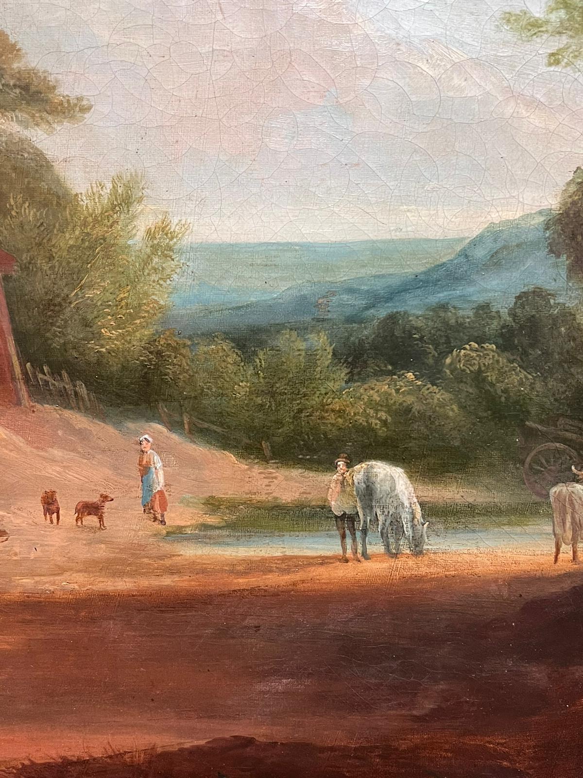 Großes britisches Ölgemälde auf Leinwand, Bauernhofsszene mit Tieren, Landschaft, 1830er Jahre im Angebot 1