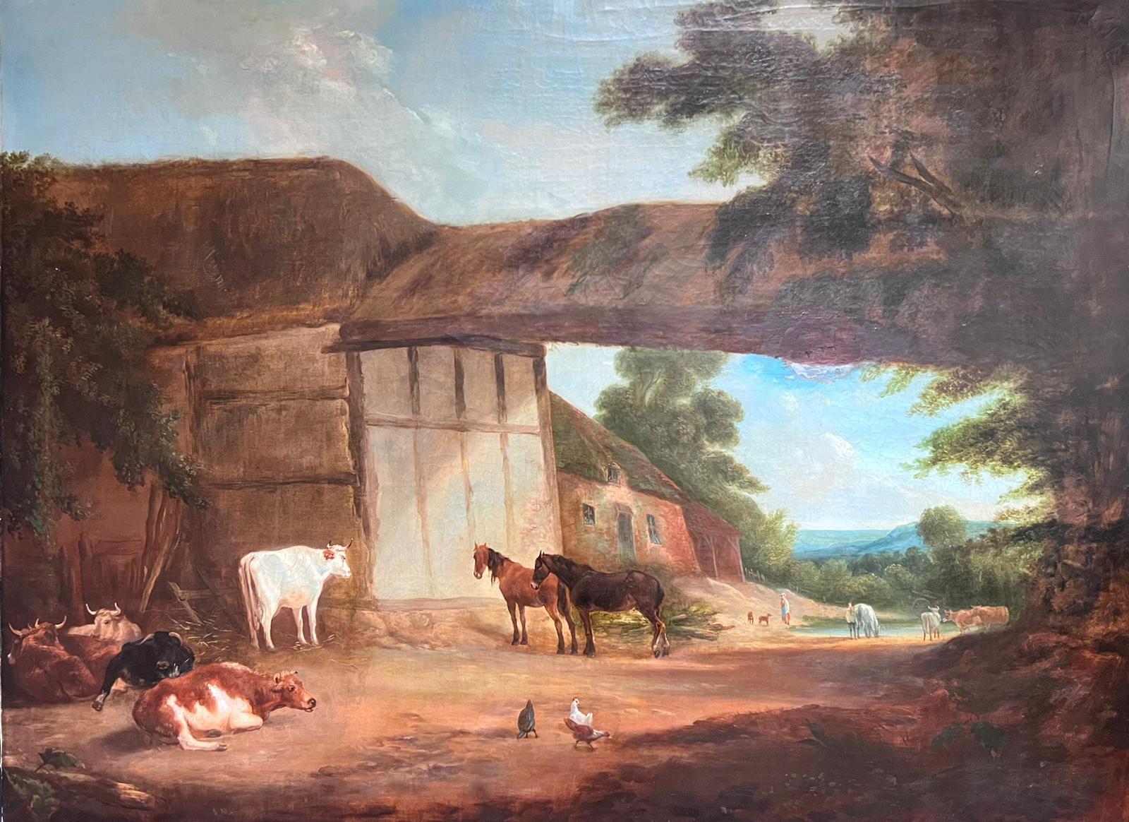 British Victorian Animal Painting - Huge 1830's British Oil Painting on Canvas Farmyard Scene with Animals Landscape