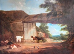 Huge 1830's British Oil Painting on Canvas Farmyard Scene with Animals Landscape