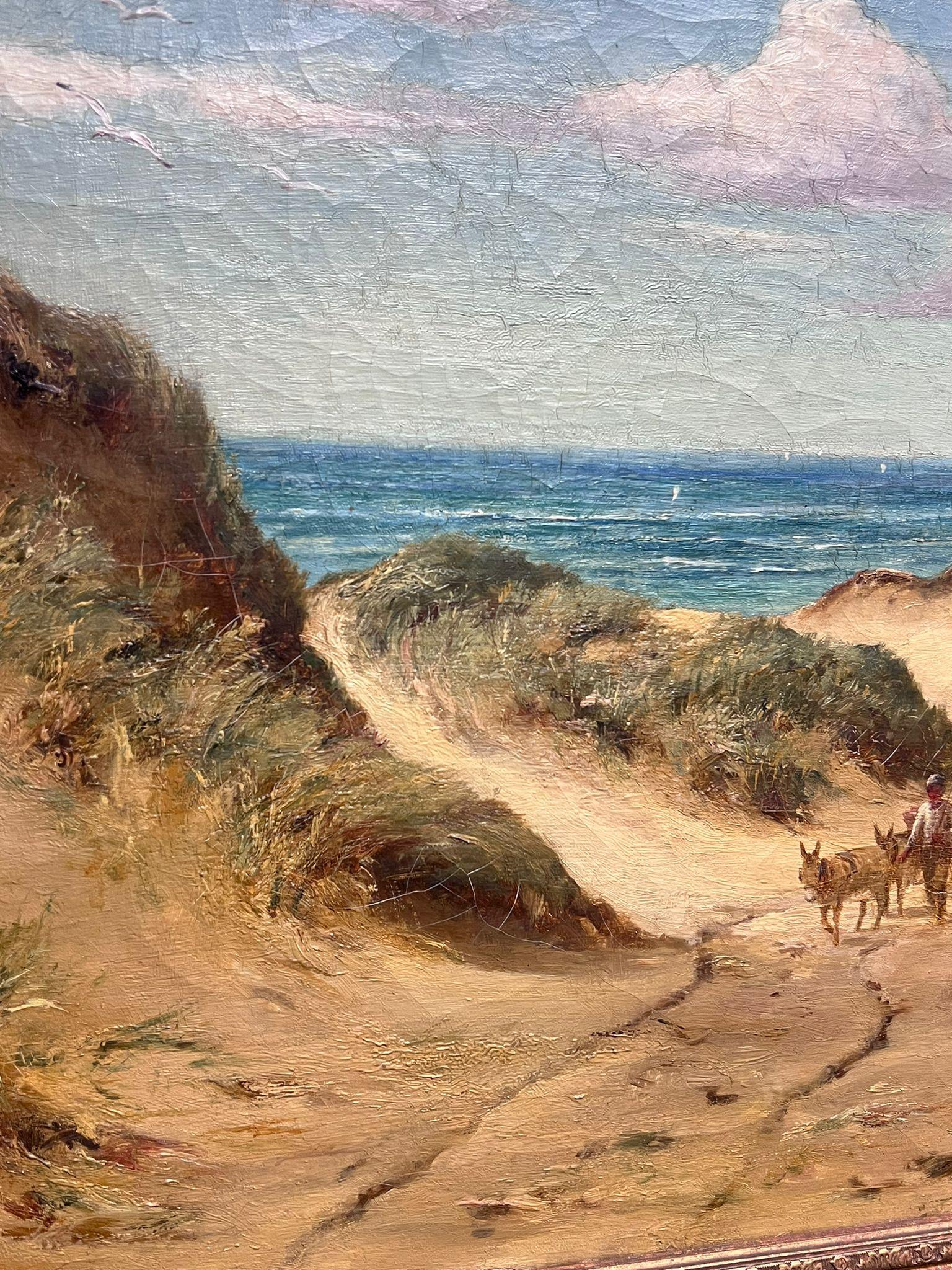 Large British 19th Century Oil Painting Donkey Cart on Sandy Beach Blue Skies For Sale 1