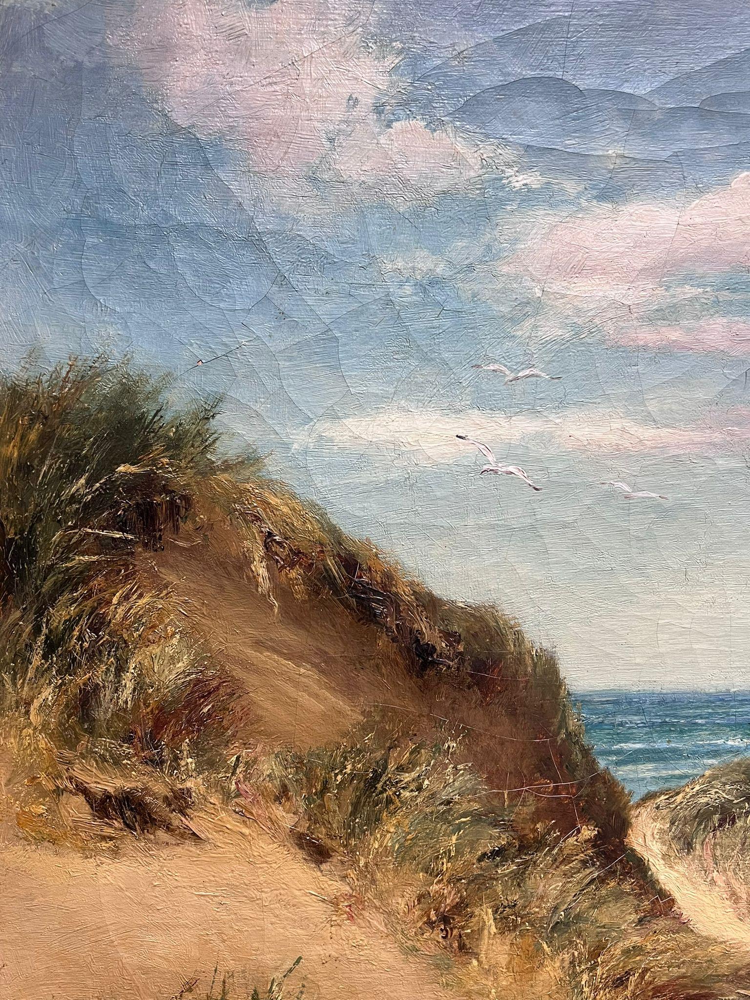 Large British 19th Century Oil Painting Donkey Cart on Sandy Beach Blue Skies For Sale 2