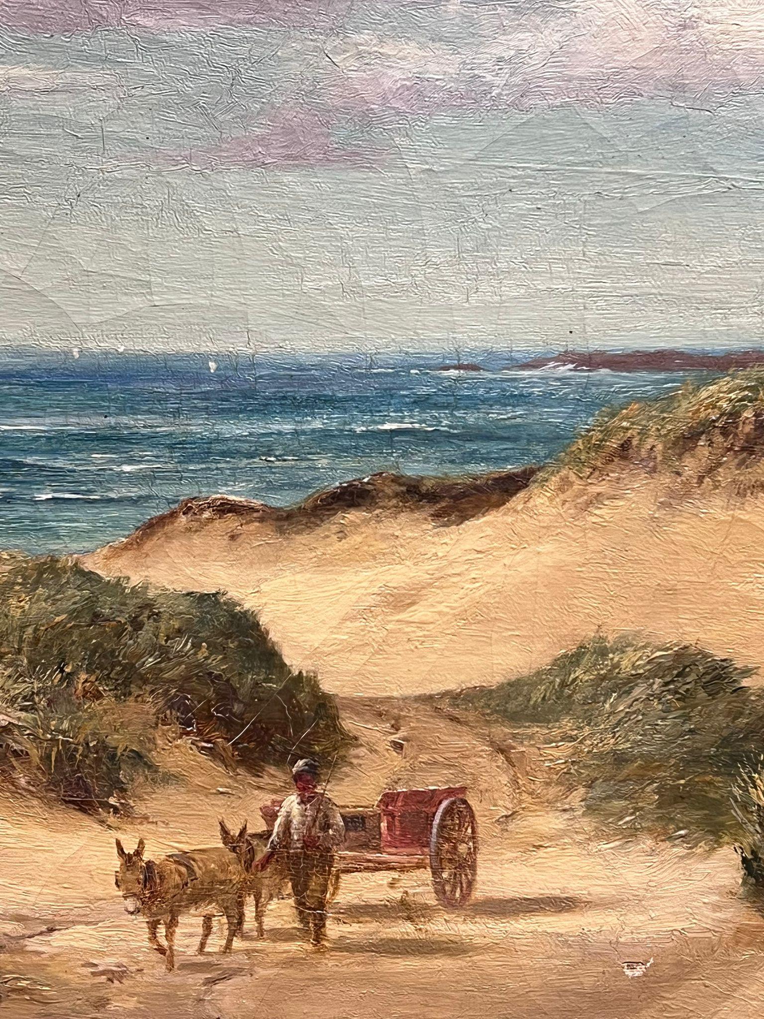 Large British 19th Century Oil Painting Donkey Cart on Sandy Beach Blue Skies For Sale 7