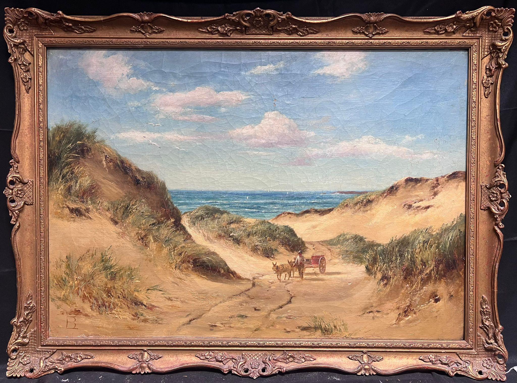 British Victorian Animal Painting - Large British 19th Century Oil Painting Donkey Cart on Sandy Beach Blue Skies