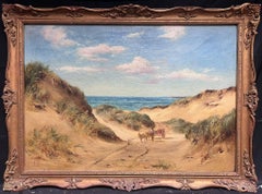 Large British 19th Century Oil Painting Donkey Cart on Sandy Beach Blue Skies