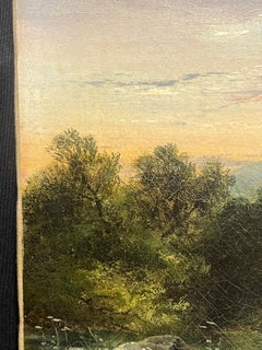 Mid 19th Century English Oil Painting Anglers River Landscape at Sunset