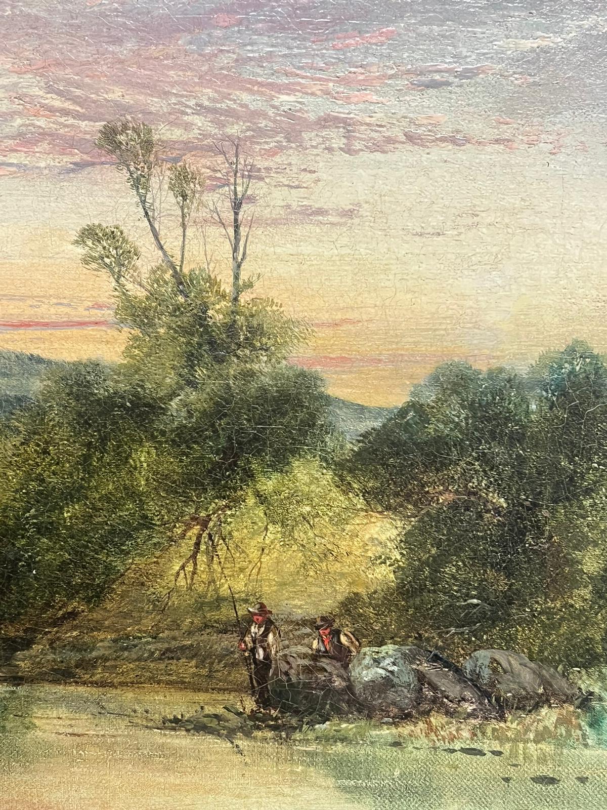 Mid 19th Century English Oil Painting Anglers River Landscape at Sunset For Sale 3
