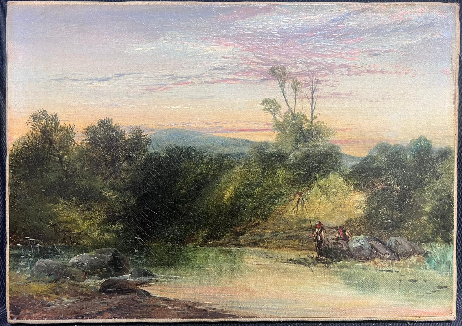 Mid 19th Century English Oil Painting Anglers River Landscape at Sunset For Sale 4